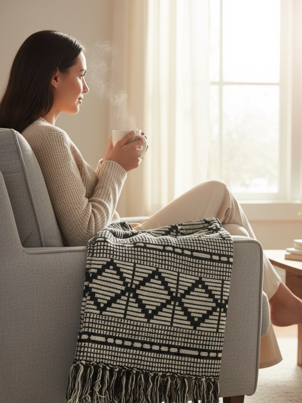 Bloomingville black and beige woven cotton blend throw Geometric size 50x60 - Picture 2 of 8